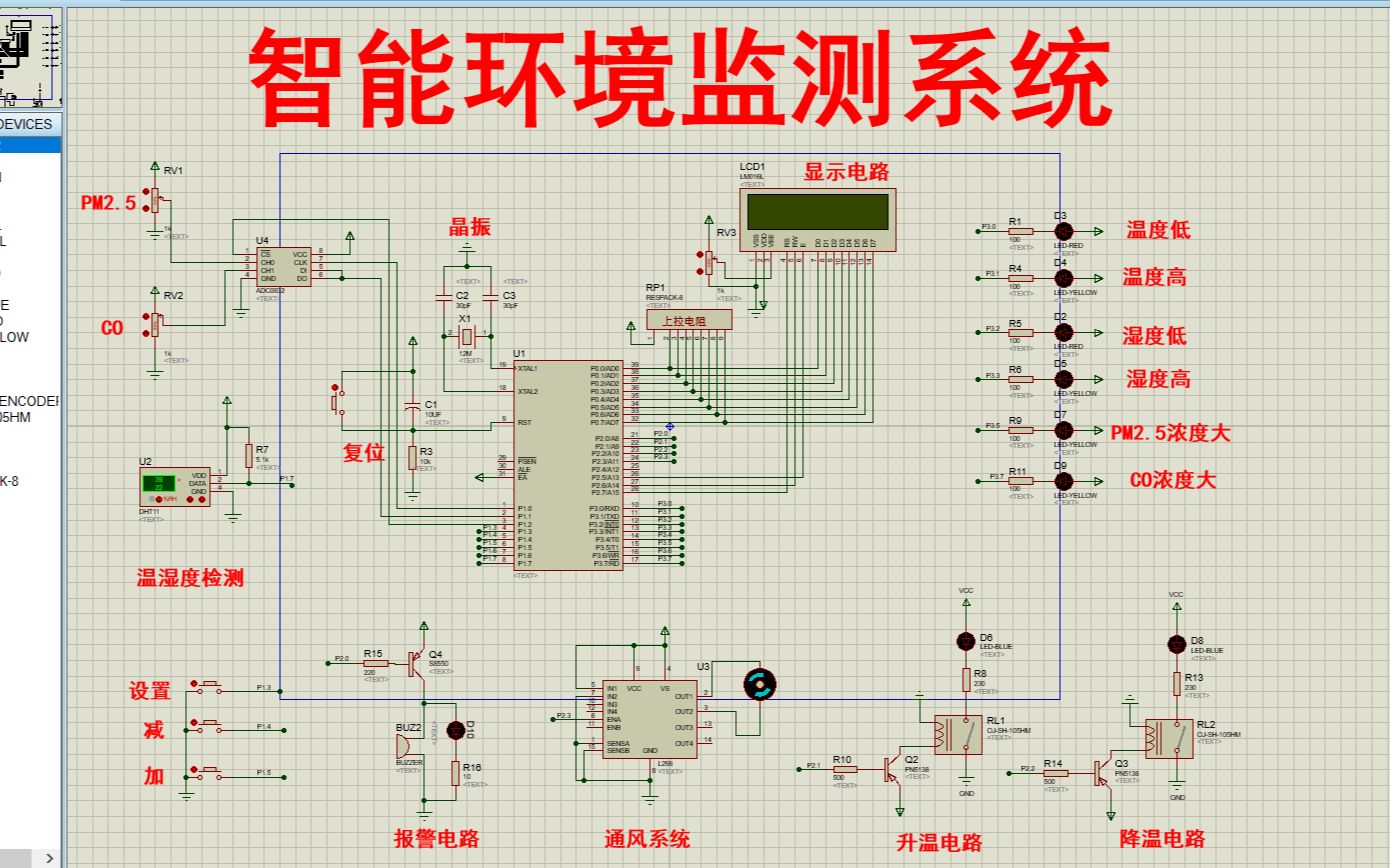 [图]【全套资料.zip】基于单片机环境监测系统温湿度CO/PM2.5控制报警【proteus仿真+程序+报告】