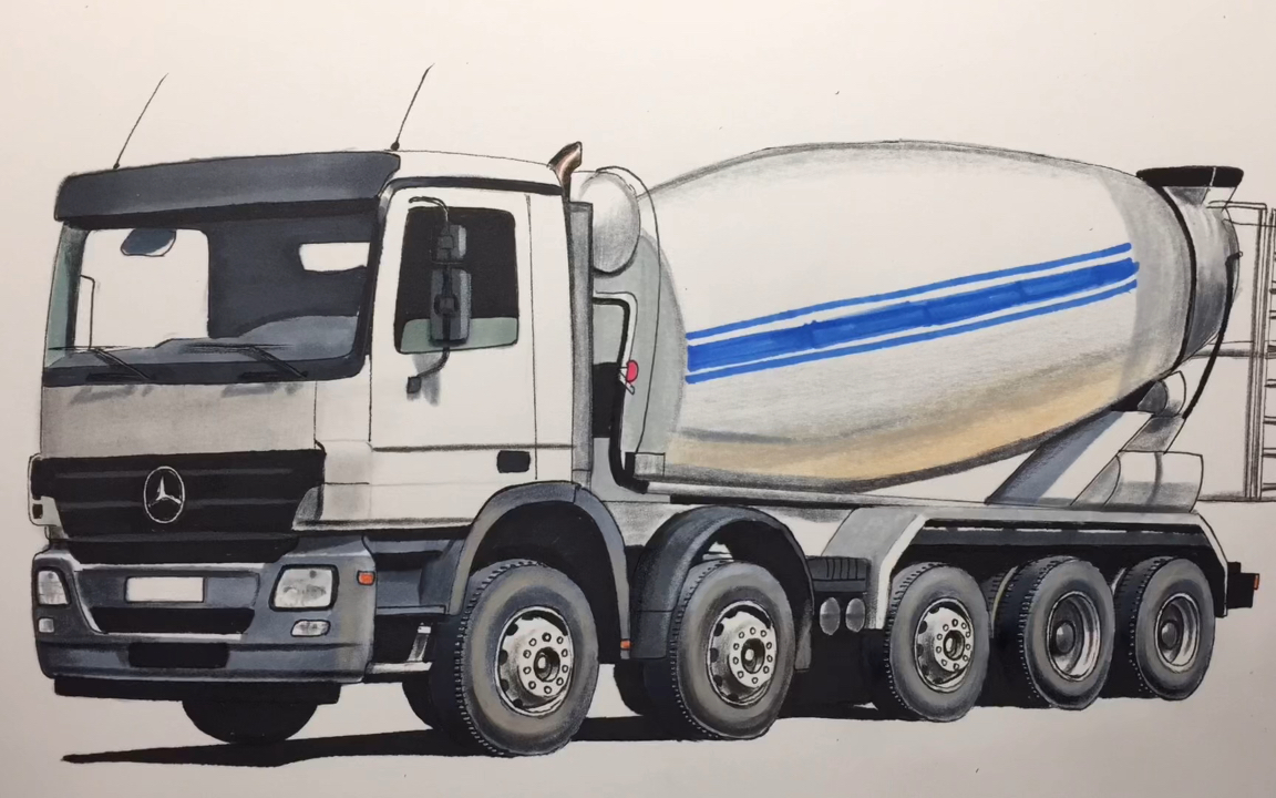 手绘创意:奔驰前四后十轮胎混凝土搅拌车,不一样的卡车!