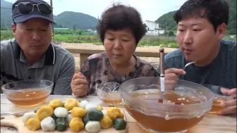 Скачать видео: 【中文字幕】韩国兴森一家人，吃年糕和冰凉的肉桂汤，解暑佳品