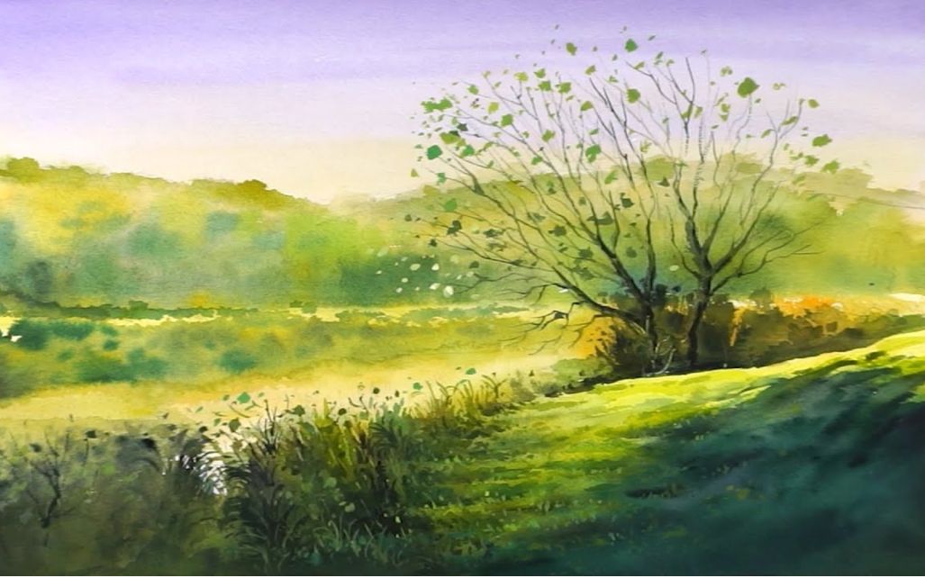 【水彩】治愈系水彩作品 沿江路的阳光-山水美景