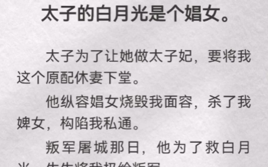 (此间休妻)太子的白月光是个娼女.太子为了让她做太子妃,要将我这个原配休妻下堂.他纵容娼女烧毁我面容,杀了我婢女,构陷我私通.叛军屠城那...