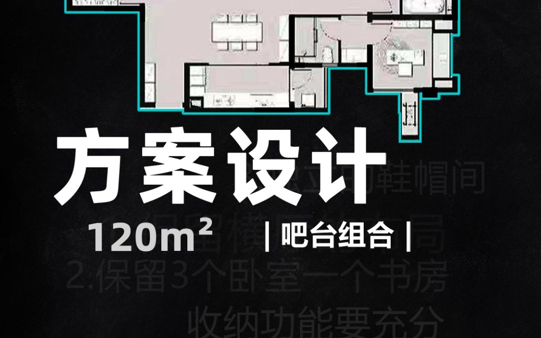 | 方案思路 | 120mⲬ大平层布局;动静分区是首选,调整动线做优化的切入点,比如吧台中央布局,能协调动线的趣味.哔哩哔哩bilibili