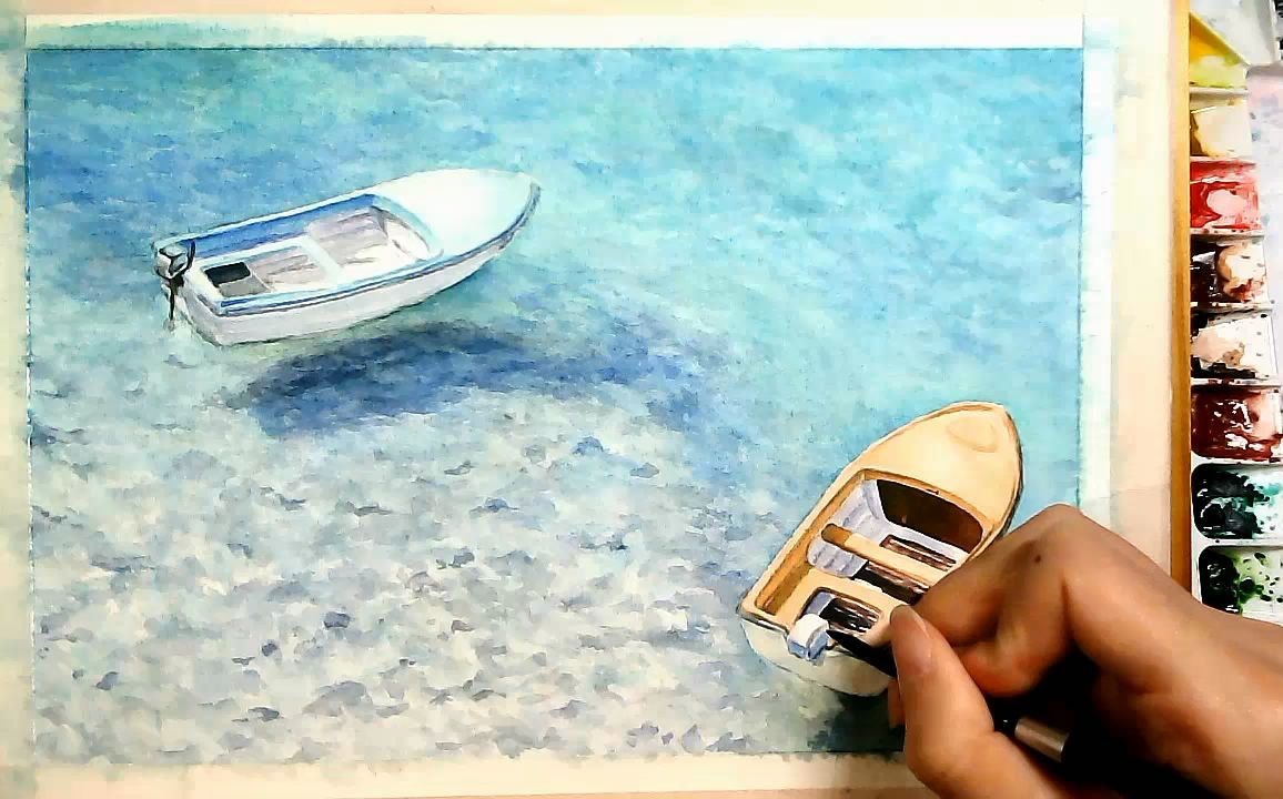水彩画《海边的小船》手绘过程