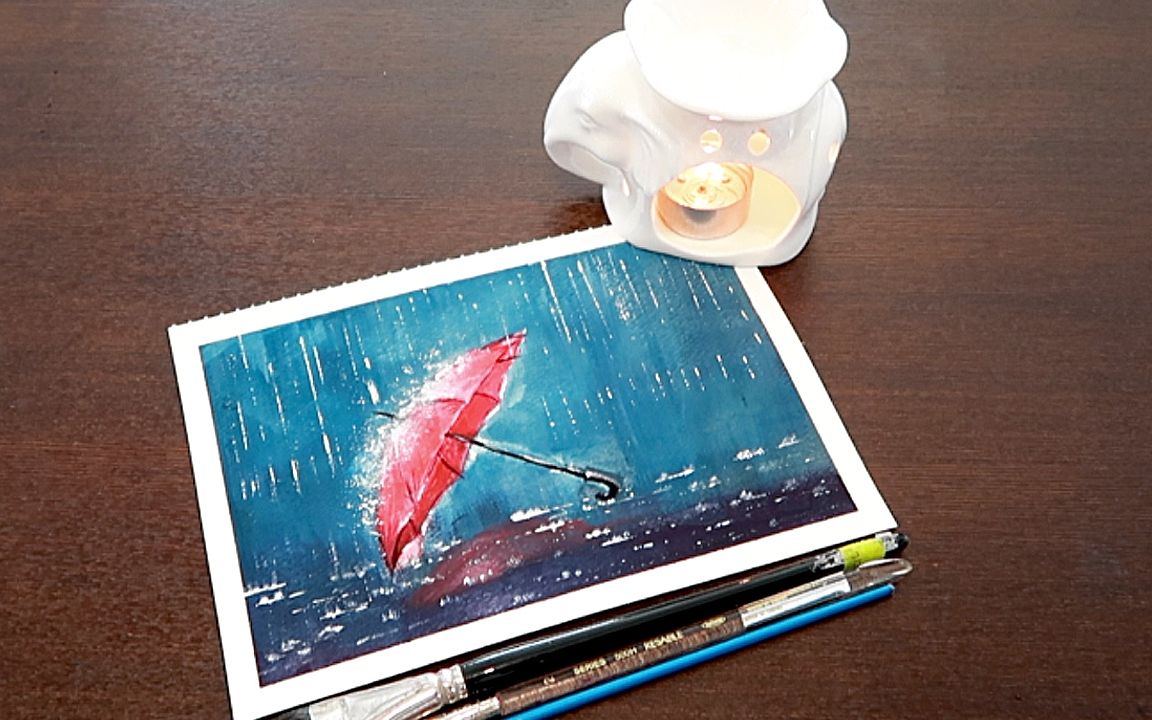 水粉教程治愈系基础不透明水彩伞用尺来画雨
