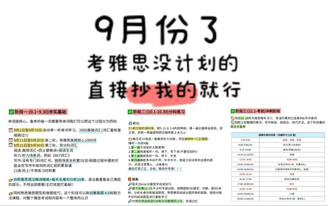 【雅思备考计划表】9月备考雅思没有计划的直接抄我的就行,30天冲6.5|90天冲7.5!主打高效学习,拒绝盲目备考!哔哩哔哩bilibili