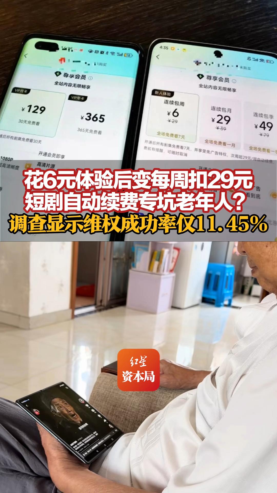 花6元体验后变每周扣29元，短剧自动续费专坑老年人？调查显示维权成功率仅11.45％，有媒体测试称平台仅对老年人账号推送相关广告