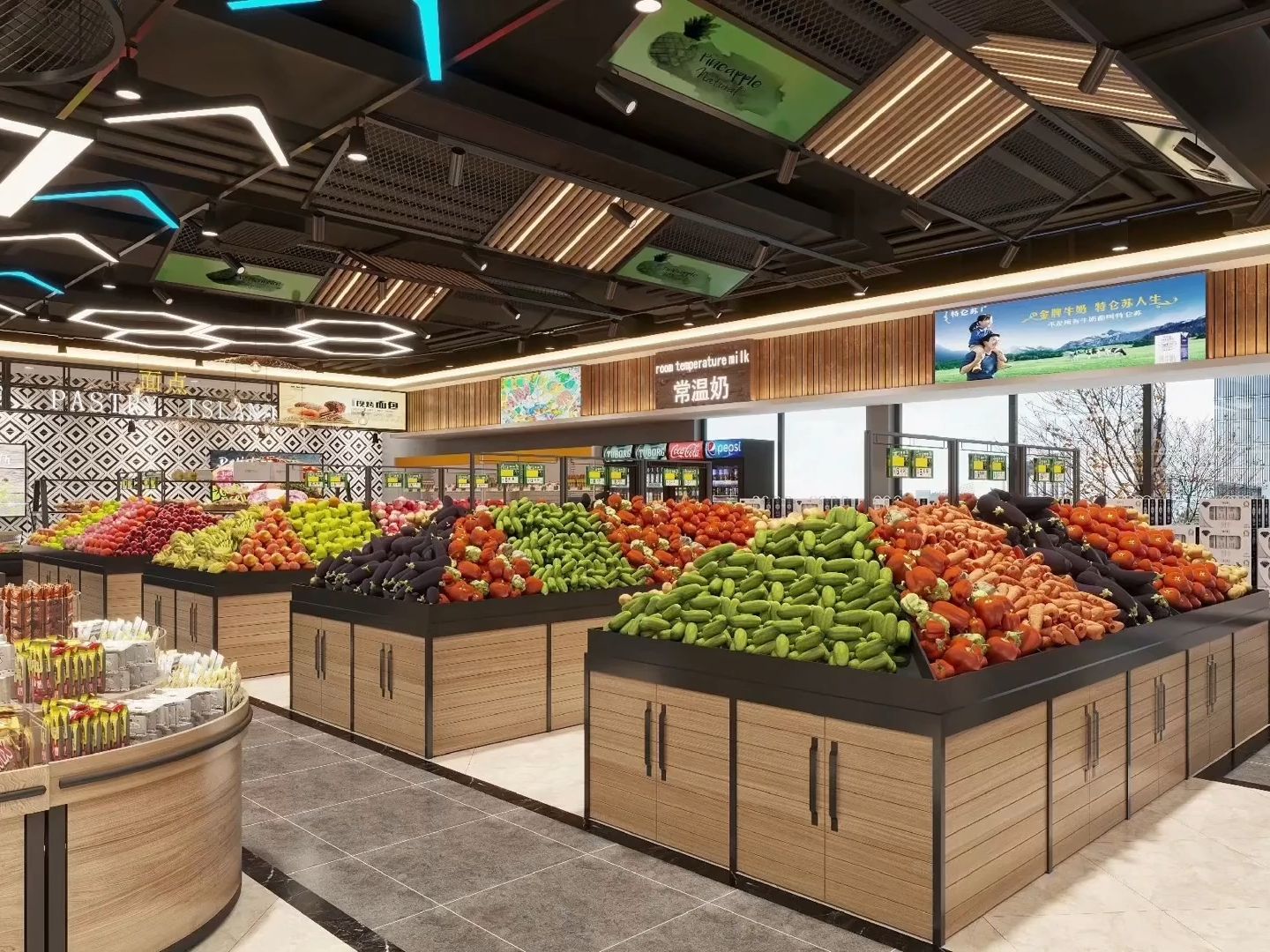 超市空间设计效果图!整个超市的外观设计简约大方,让人感觉清新自然