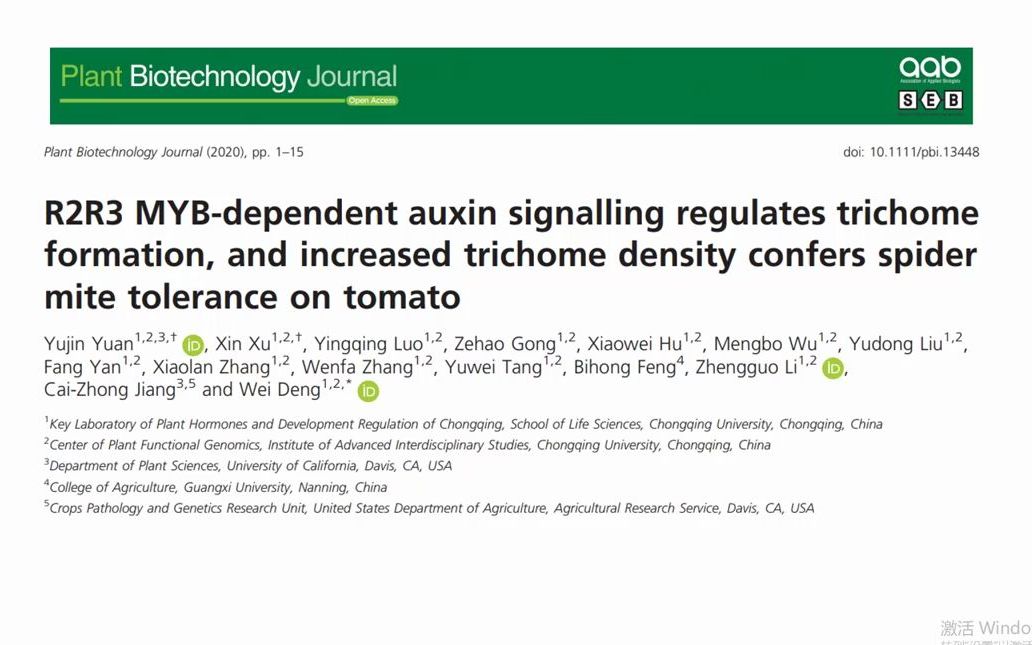 七分钟讲解Plant Biotechnology Journal高分文章 MYB转录因子调控生长素信号促进腺毛的发育而提高番茄对红蜘蛛的耐受哔哩哔哩bilibili