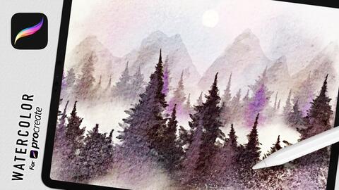 水彩绘制过程 Ipad Procreate水彩系列 远山迷雾森林 哔哩哔哩