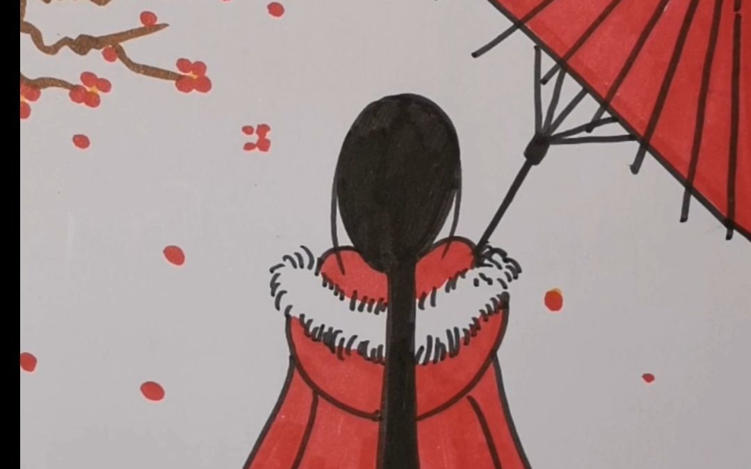 红色古风撑伞女子背影 画画 手绘 歌曲《空许愿》