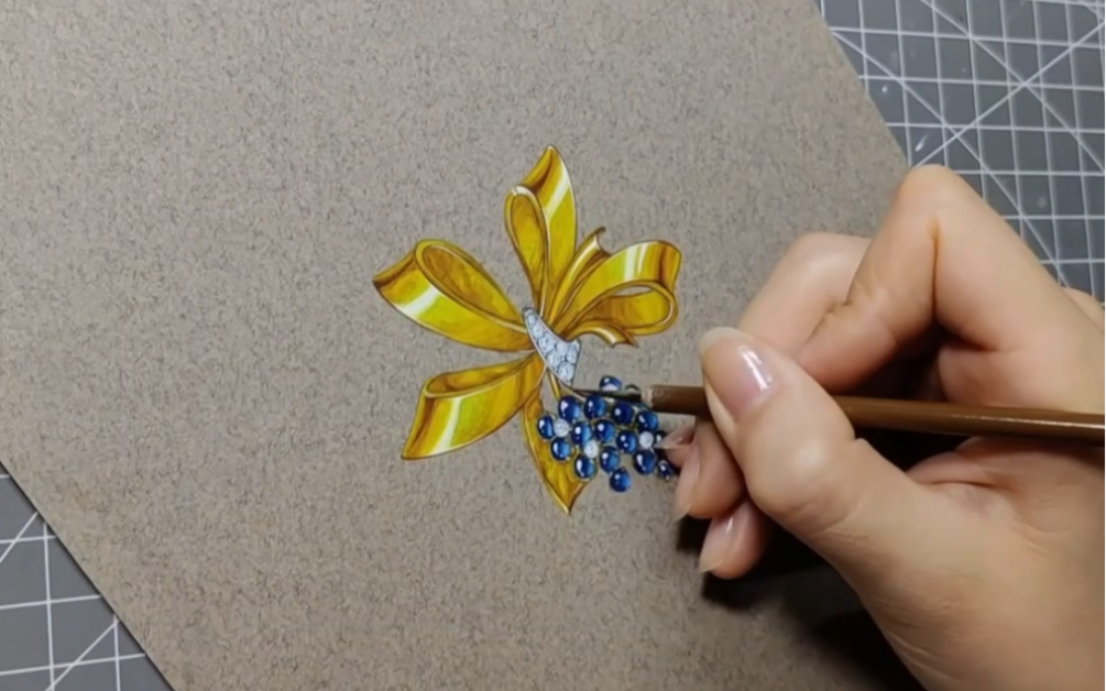 高级珠宝手绘技法//黄金绘制过程//黄金蓝宝石胸针【削宏珠宝手绘】