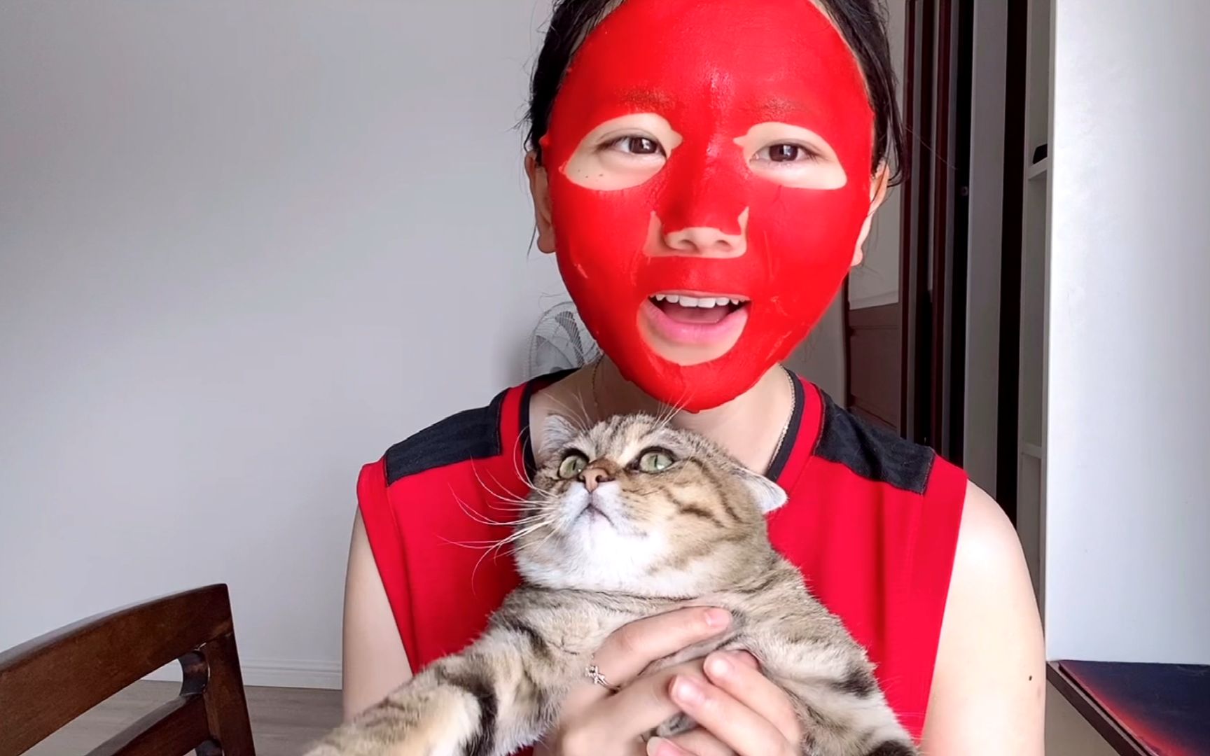 猫咪头一次见主人敷面膜,看了半天都不相信是铲屎官,主人气笑了