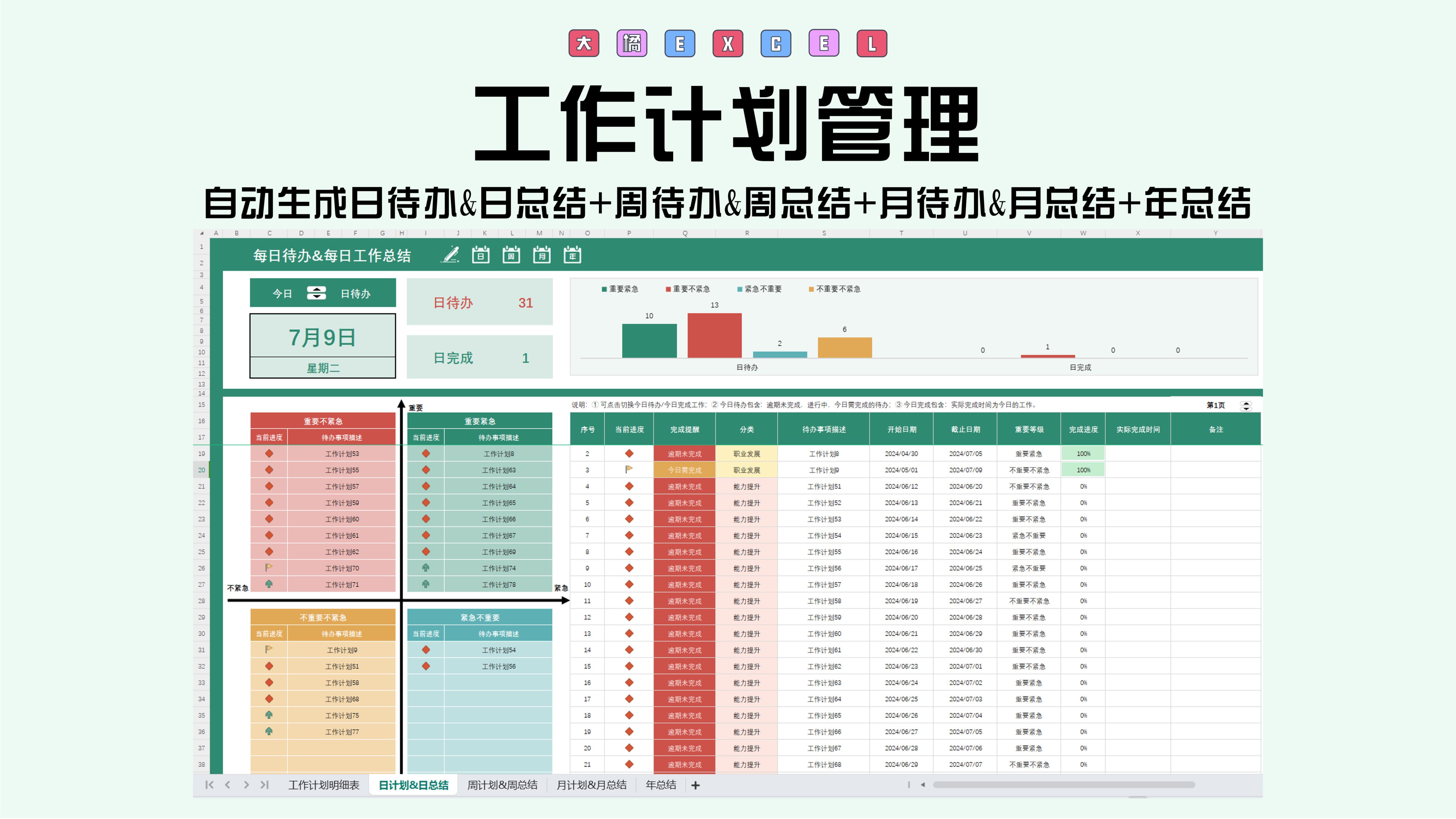 大橘excel工作计划管理自动生成日待办&日总结+周待办&周总结+月待办&月总结+年度总结哔哩哔哩bilibili