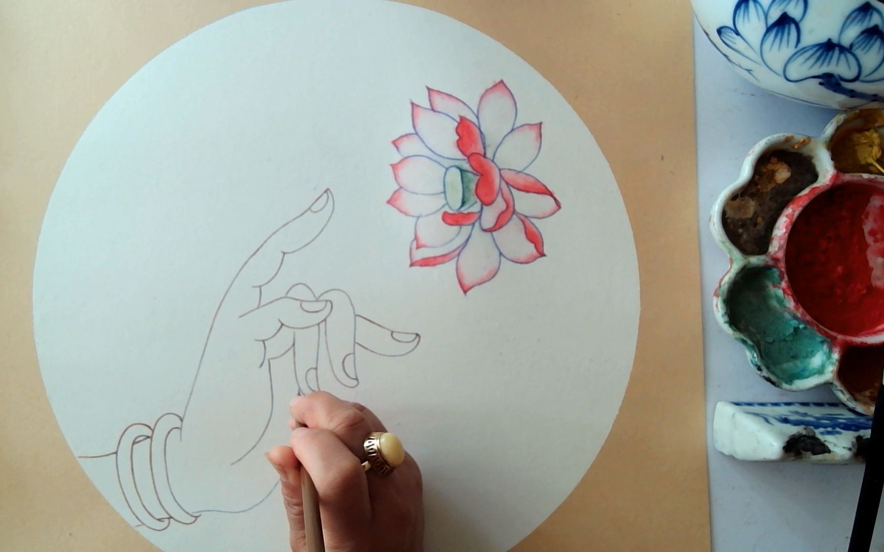 国画工兼写拈花一笑佛手颜色和金色勾线法--美术工笔写意素描色彩油画