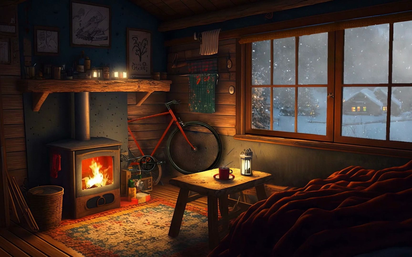在暴风雪夜的舒适小屋,温暖的壁炉,和窗外风雪声,温馨氛围