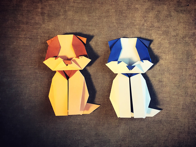 两张纸折叠的小狗,难度降低不少,且更加形象!