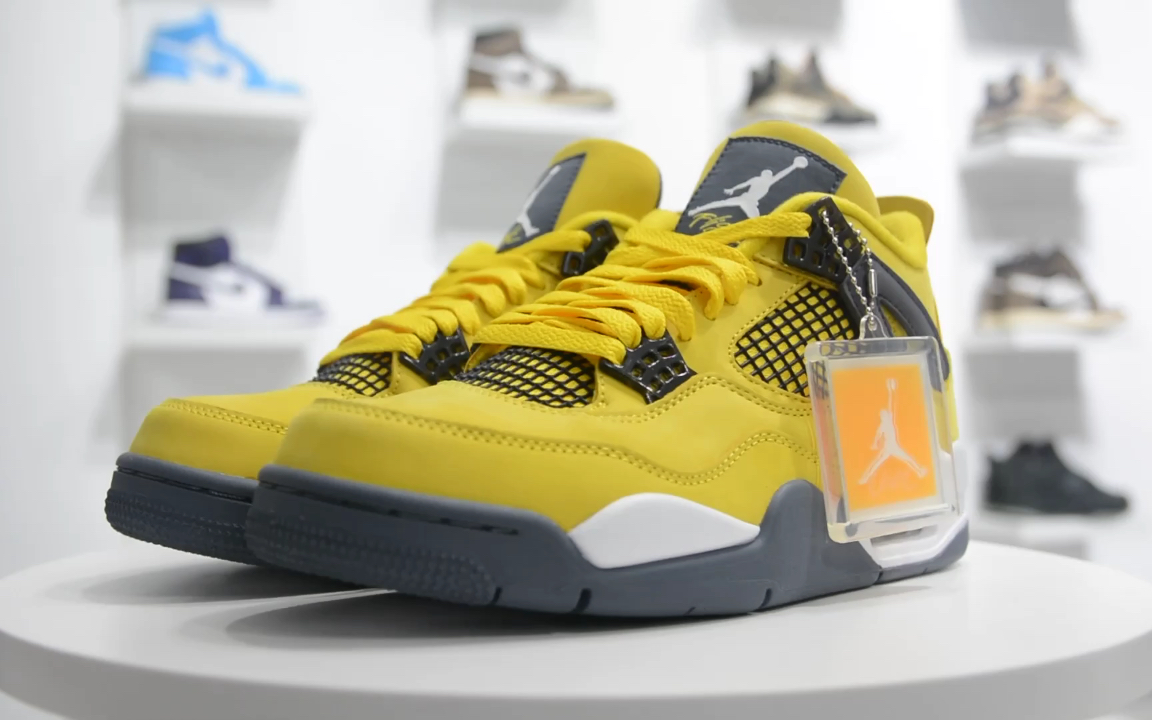 实拍细节aj4"tour yellow"黑黄电母篮球鞋