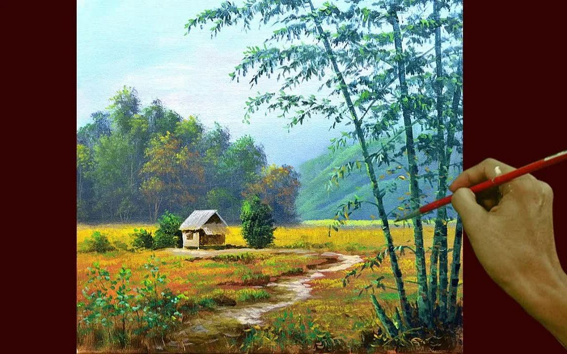 丙烯画绘画教程竹林里的热带小屋acryliclandscapepaintingtropical
