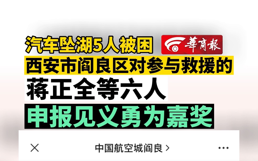 汽车坠湖5人被困 西安市阎良区对参与救援的蒋正全等六人 申报见义勇为嘉奖哔哩哔哩bilibili