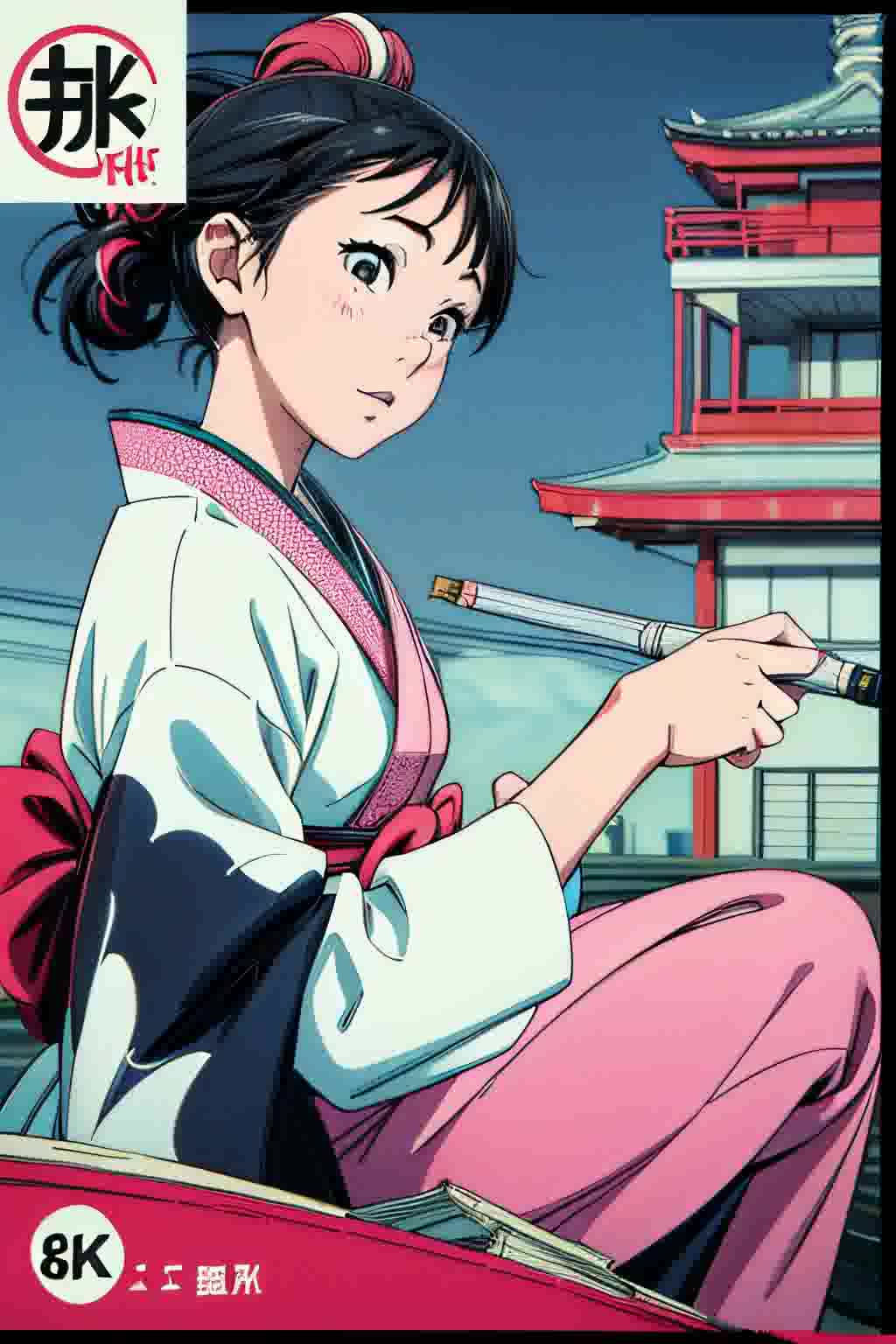 穿着粉红色和服的人的特写彩色漫画扫描石田