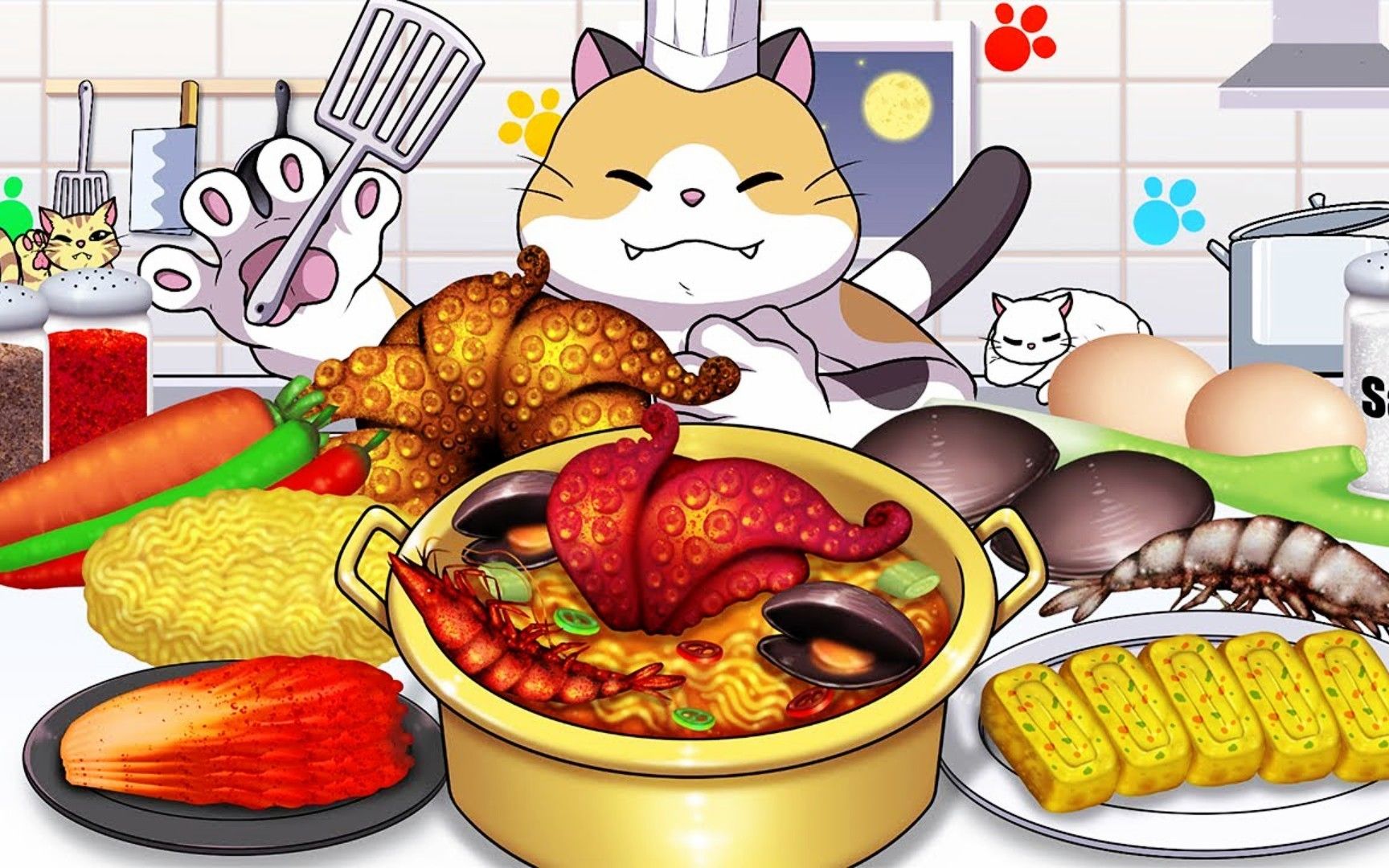 美食动画:料理猫王挑战制作超级海鲜面,满满的一大碗,好满足!