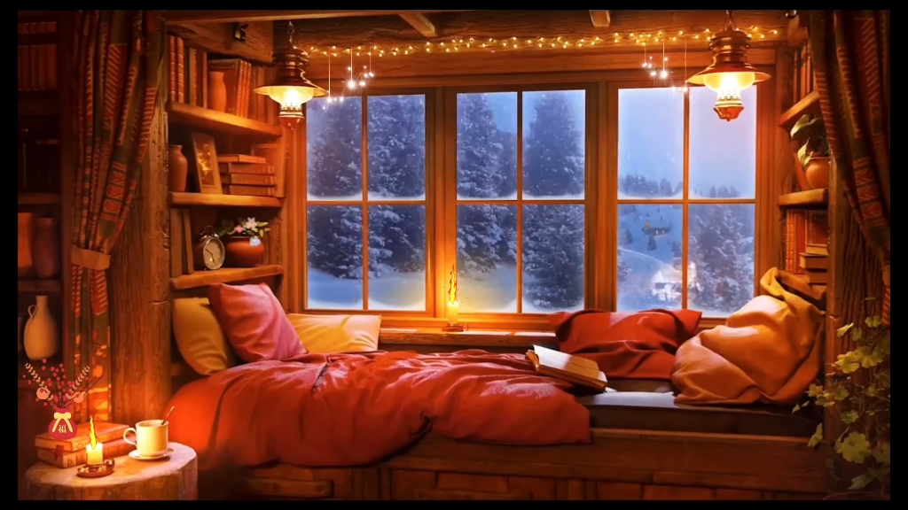 白噪音丨在温暖又舒适的冬日小木屋,听壁炉,风雪声音,放松助眠减压