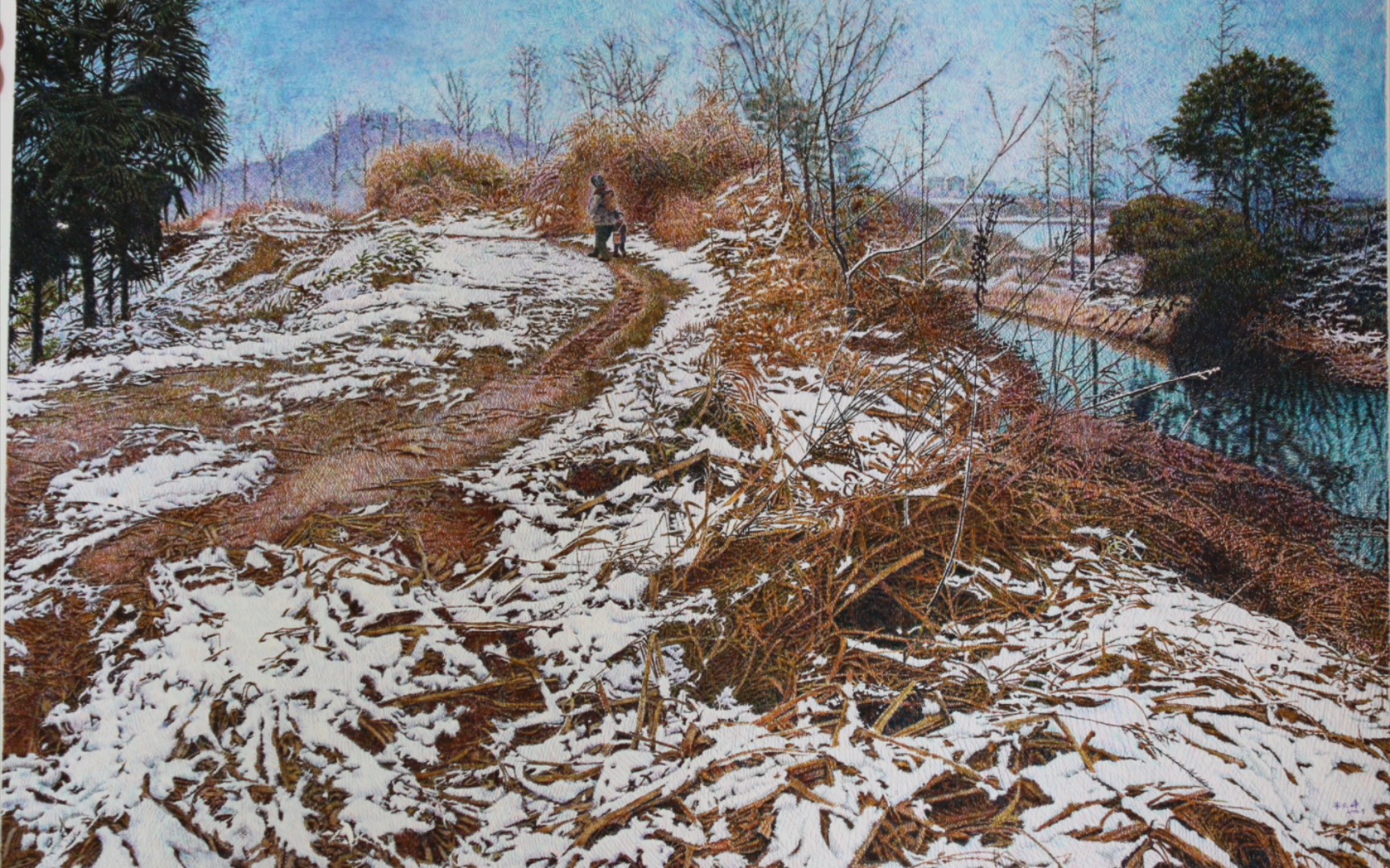 彩色钢笔画《小雪》作画步骤及局部