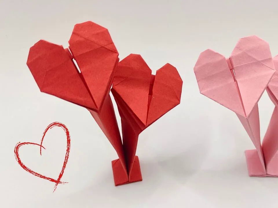 【origami library】站立双心折纸教程origami stand hearts