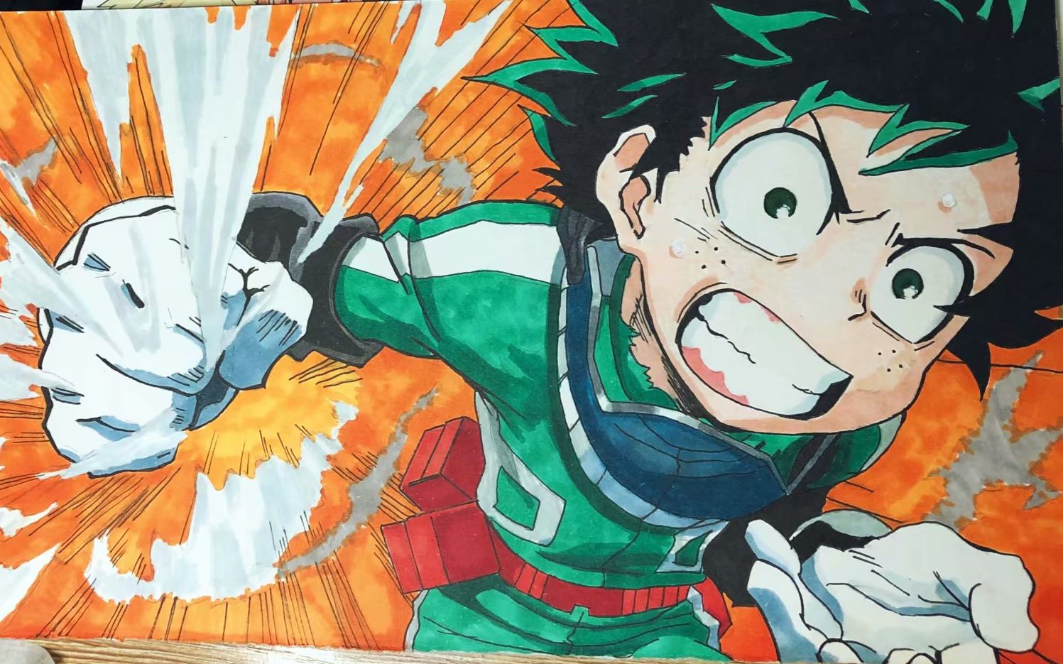 美团小哥手绘我的英雄学院绿谷小天使 马克笔手绘过程实拍