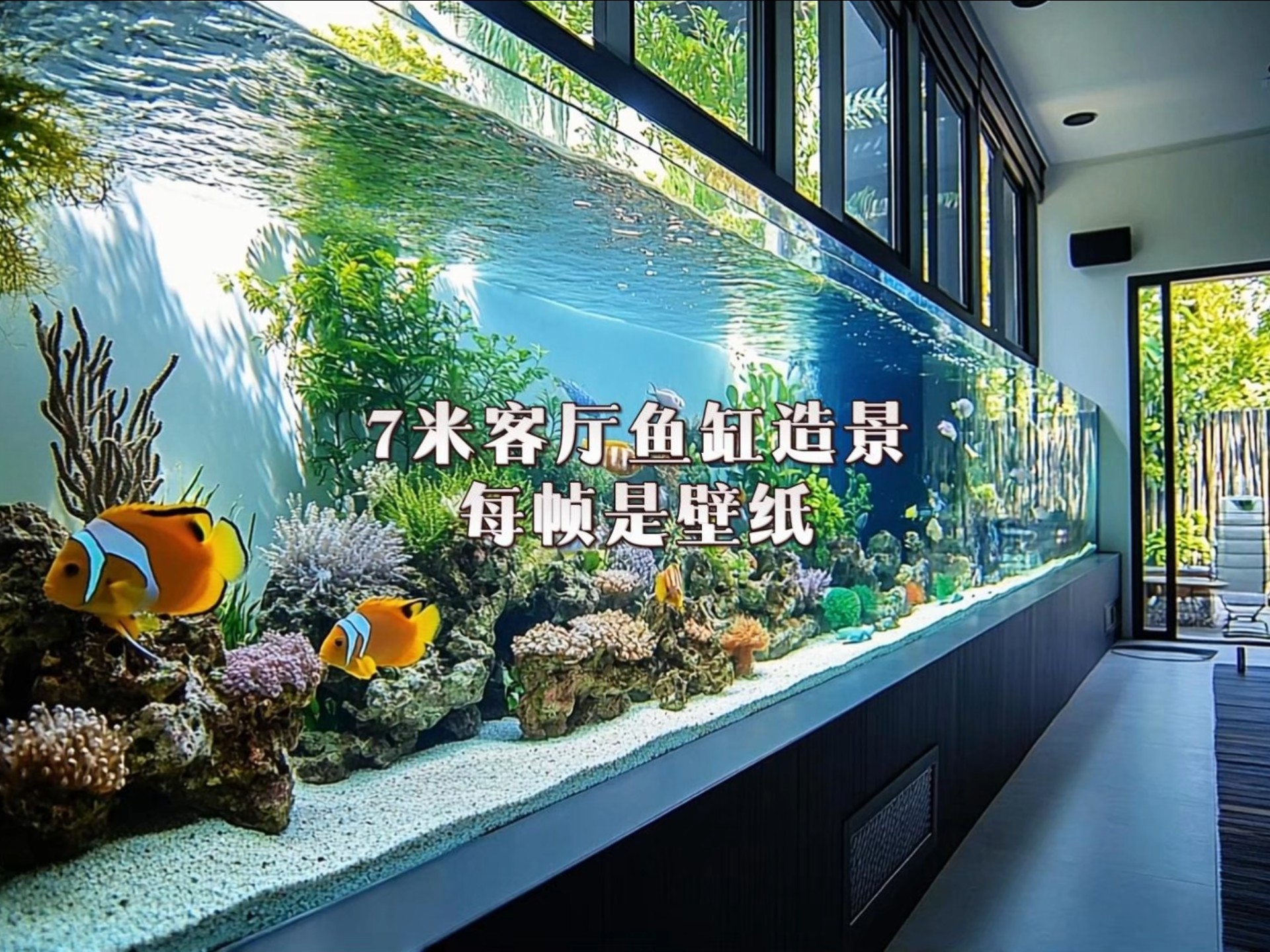 7米客厅鱼缸造景 每帧是壁纸