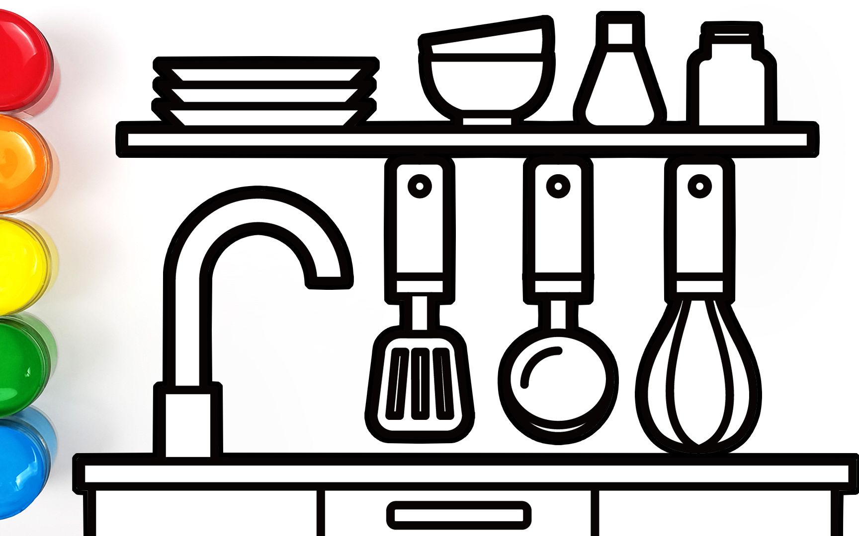趣味填色儿童简笔画 画一个美美的厨房操作台 一起来做饭吃吧!