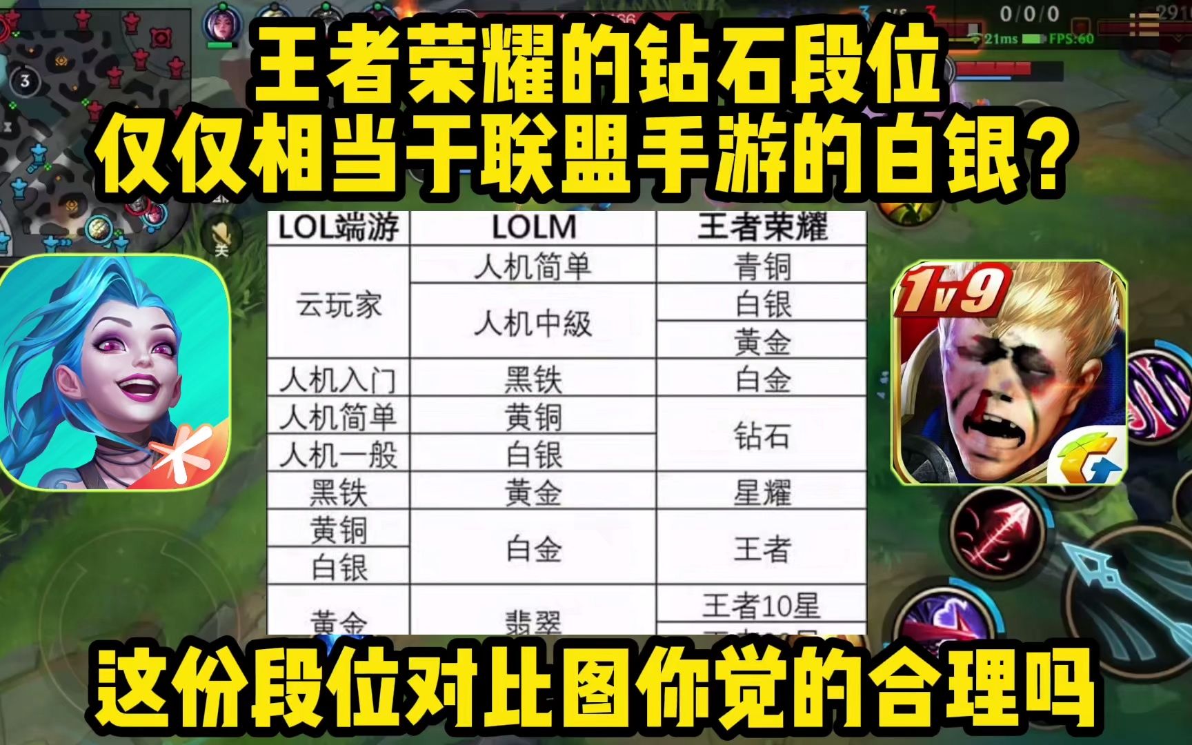 联盟手游的黄金就相当于王者30星的水平?这份段位对比图你怎么看英雄联盟