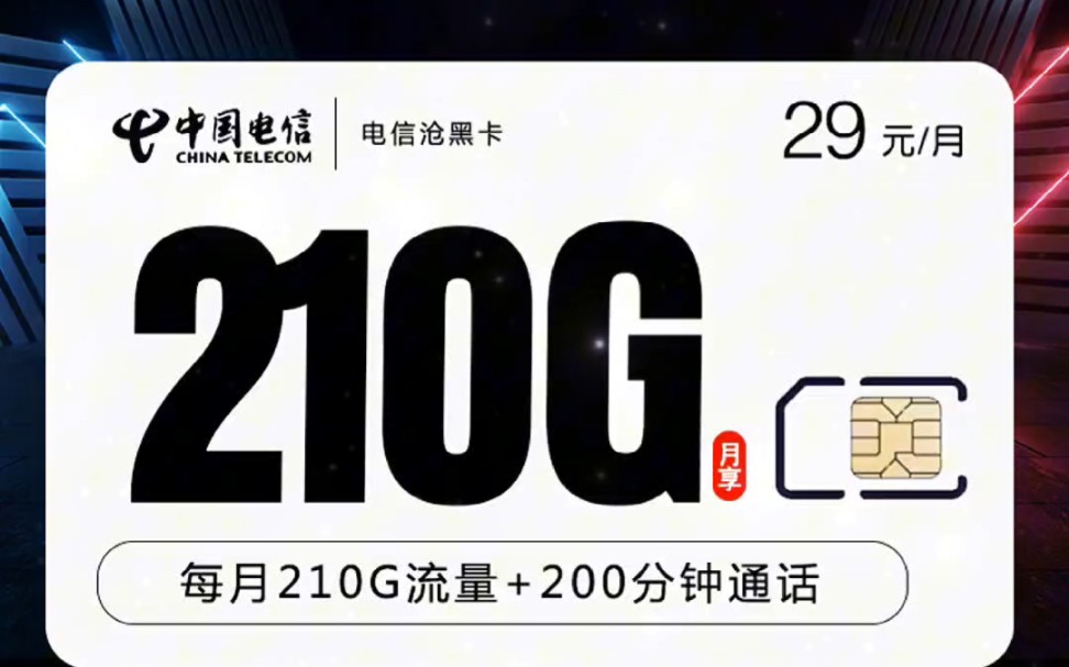 电信沧黑卡重出江湖啦!该卡是长期套餐,长期享210gb的高速大流量!并且每个月送200分钟通话!电信运营商直发的正规卡,不存在虚量,支持电信查询...