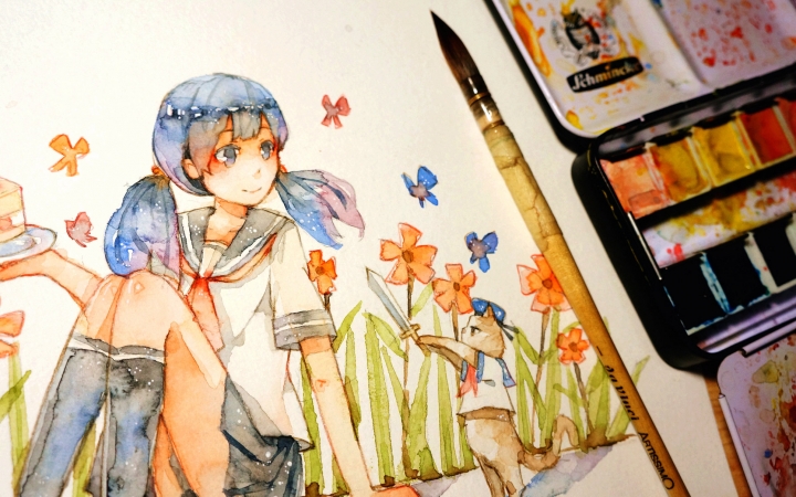 水彩手绘果然还是水手服萌双马尾与一只猫的故事qvq小熊绅士第八十九