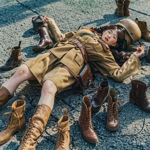 女兵倒下了 旁边全是靴子