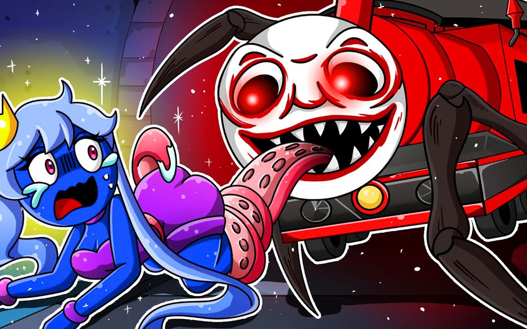 彩虹动画:邪恶蜘蛛火车想吃人,蓝朋友能逃脱它的魔掌吗!