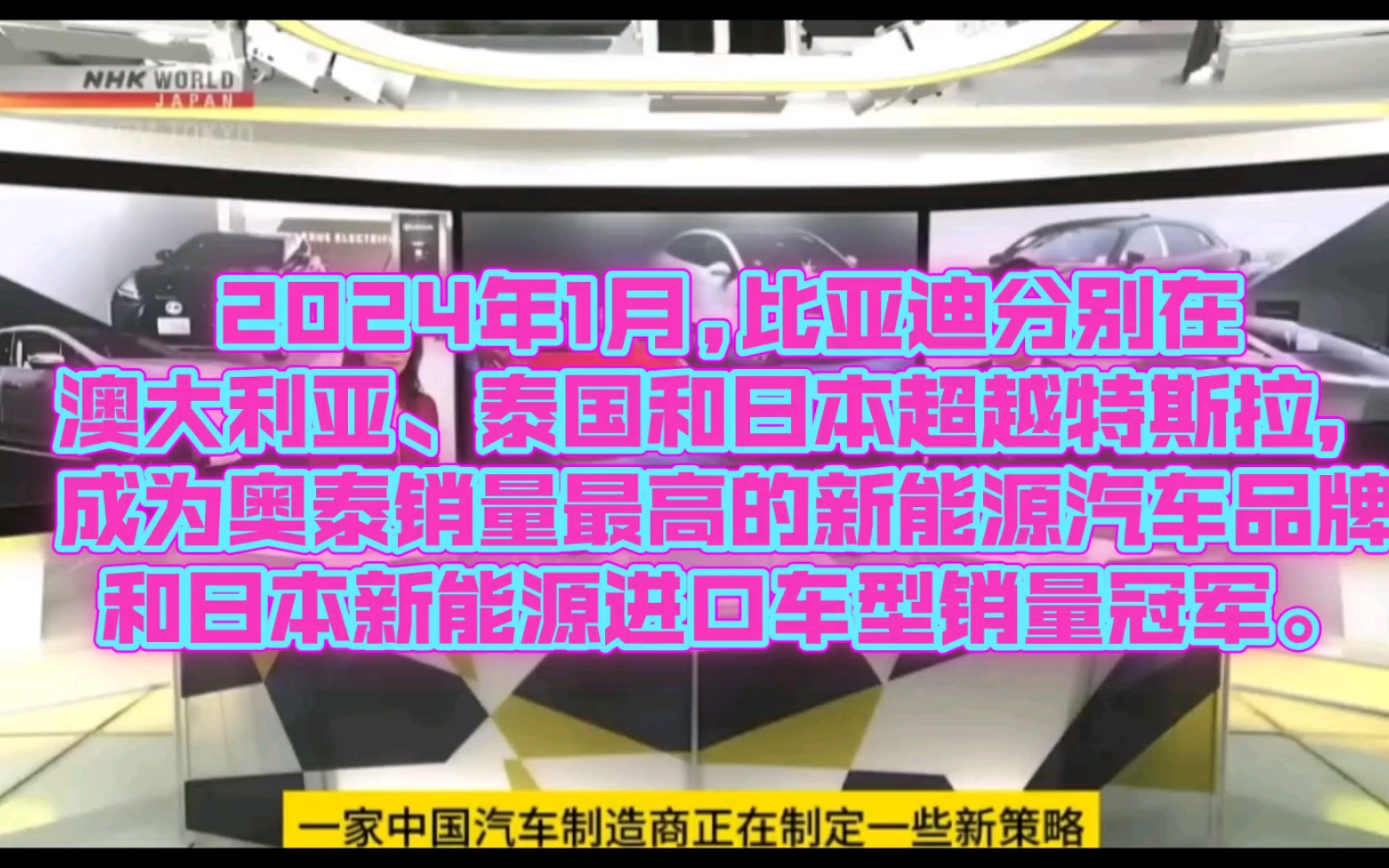 2024年1月,比亚迪在澳大利亚的销量超越特斯拉,成为澳销量最高的电动车品牌.比亚迪海豚取得了日本进口品牌新能源车型销量冠军,超过特斯拉3/Y,...