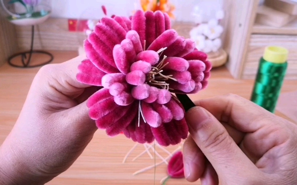 4组装花朵-非遗绒花绒款牡丹花制作-胡志英做非遗绒花摆件