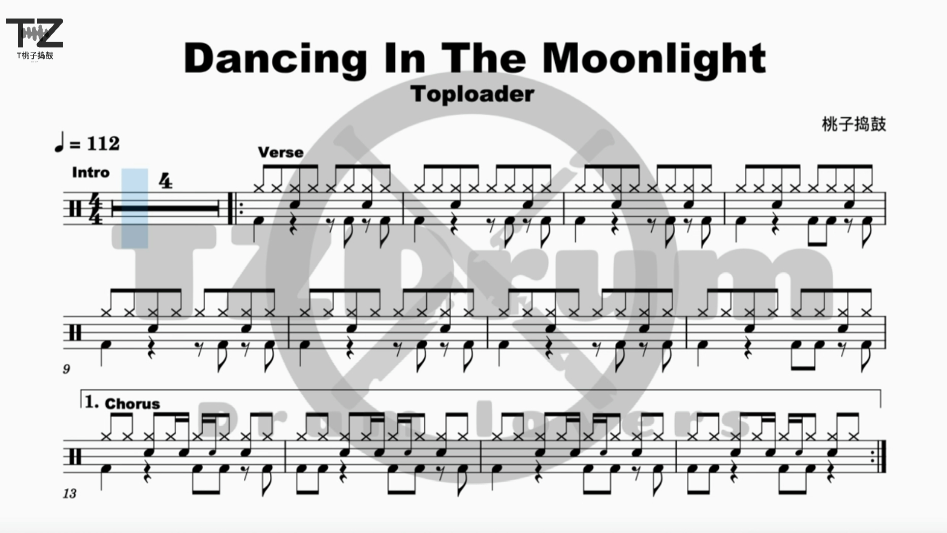 [图]圣三版 英国传奇乐队神奇旅店Toploader 爆红歌曲《Dancing In The Moonlight完整鼓谱 音乐无国界 希望更多经典金曲可以被学生欣赏