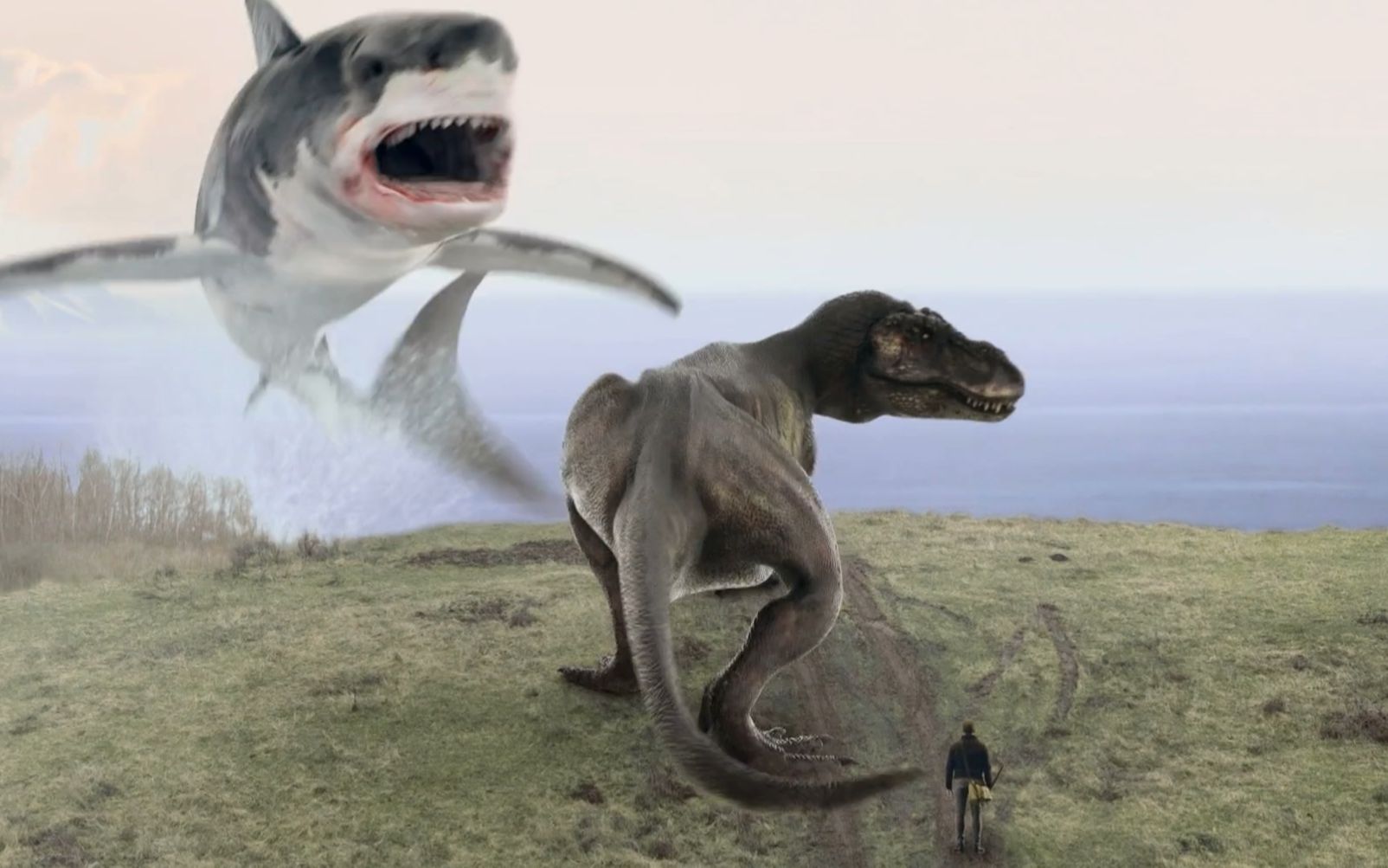 远古鲨鱼大战霸王龙,霸王龙被秒杀,陆地生物还是嫩了点_哔哩哔哩_bili