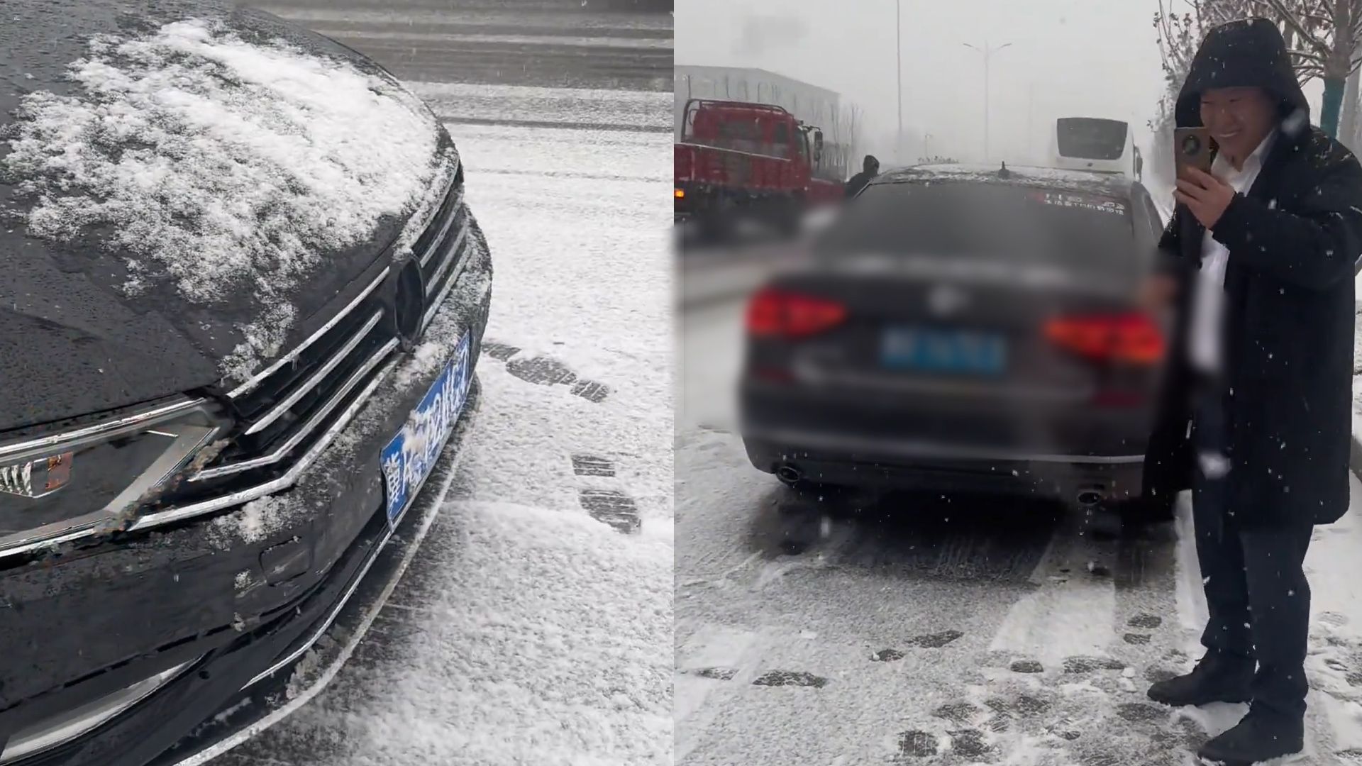 女子下雪天開車上班,路面滑剎不住車不慎追尾,倆車主