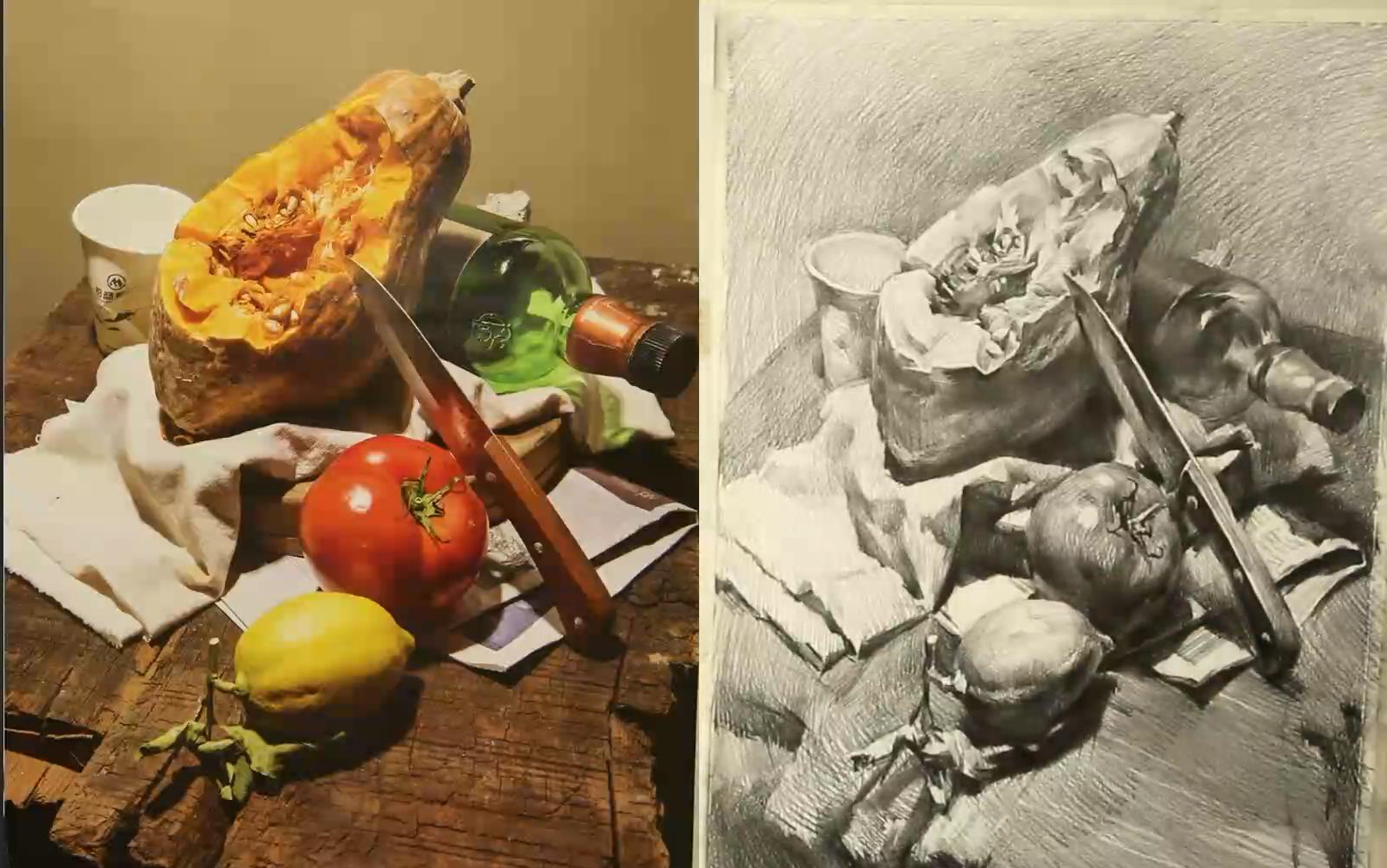 素描静物切开的水果,透明酒瓶,西红柿,水果刀组合