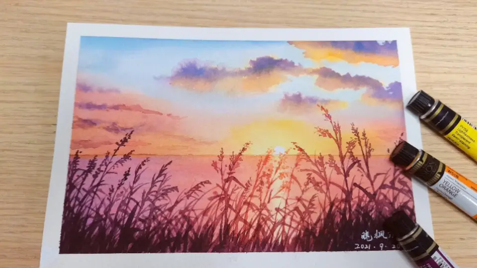 水彩画】 夕阳小景水彩风景绘画教程_哔哩哔哩_bilibili