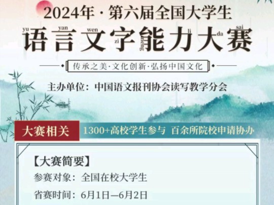 【榜单赛事ⷠ48%获奖率】2024年第六届全国大学生语言文字能力大赛开始报名啦哔哩哔哩bilibili