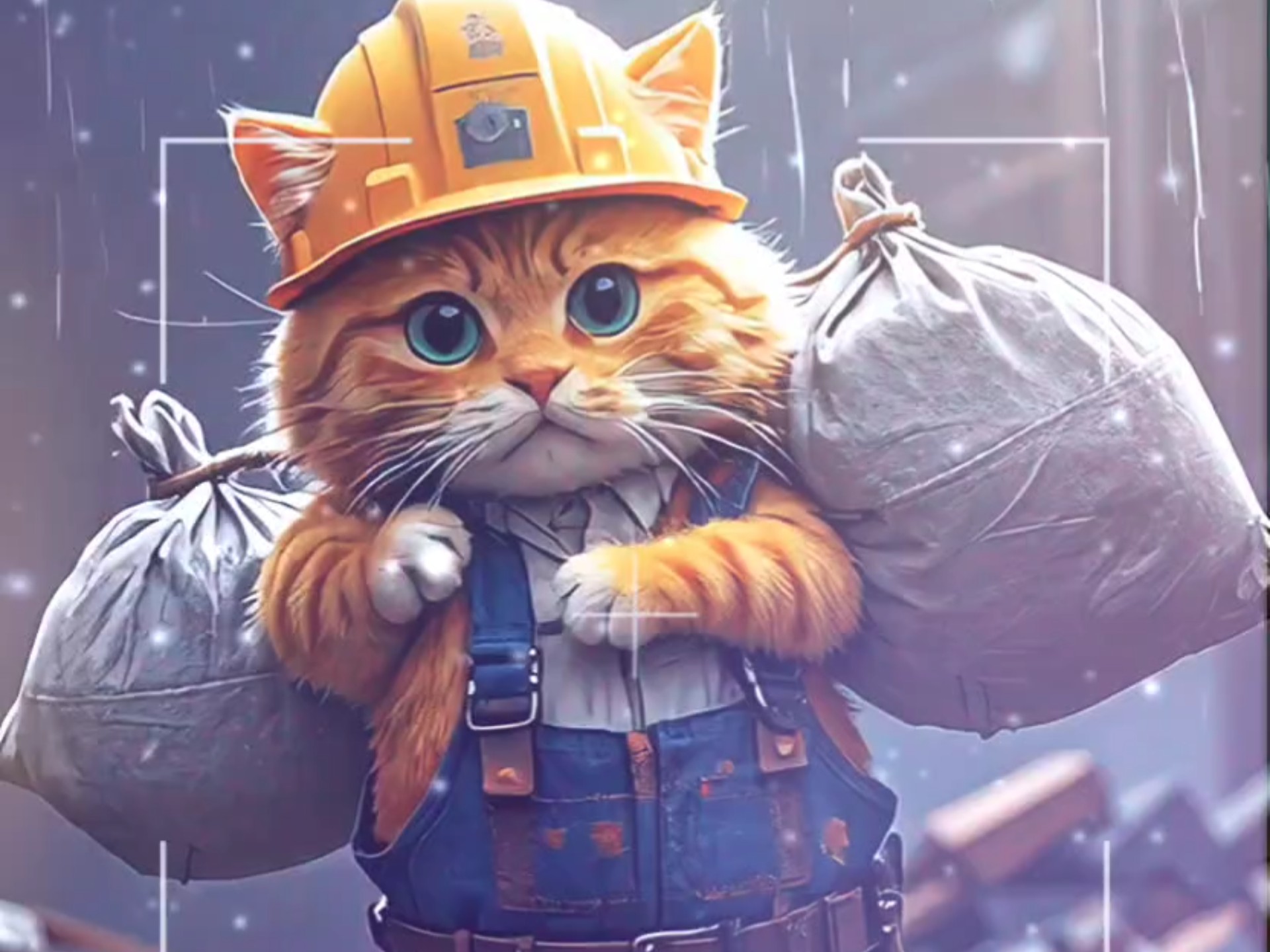 猫咪那小小的身躯,穿着破旧的工作服,安全帽歪戴着,它吃力地扛着两袋