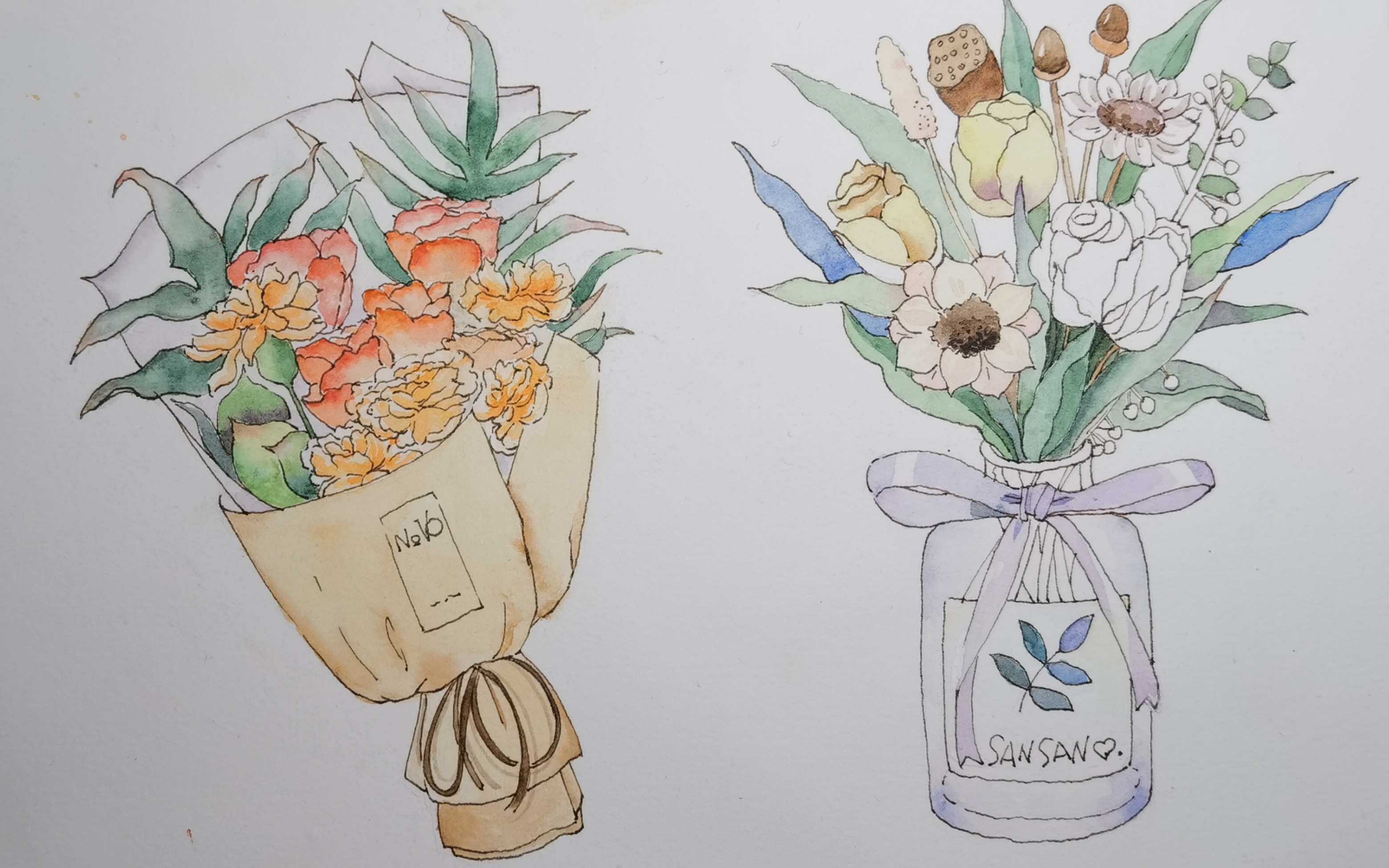 【零基础画淡彩】小花束 钢笔淡彩练习