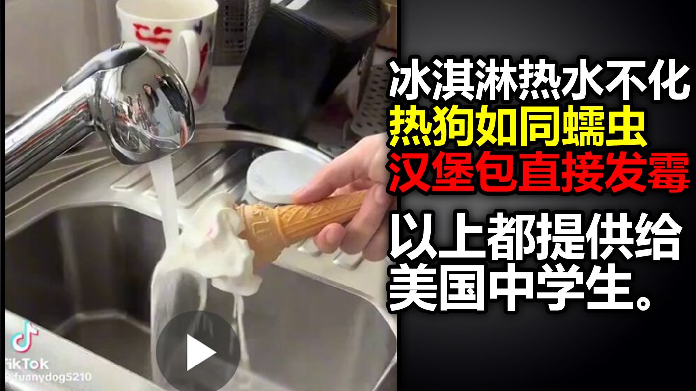 美国人民崩溃瞬间——冰淇淋热水不化，热狗如同蠕虫，汉堡包直接发霉。以上都提供给美国中学生。