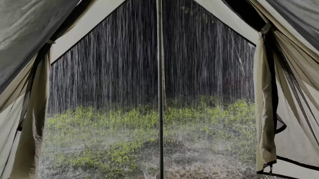 [图]雨夜在帐篷里入睡|帐篷上下着大雨，森林里响起了震耳欲聋的雷声