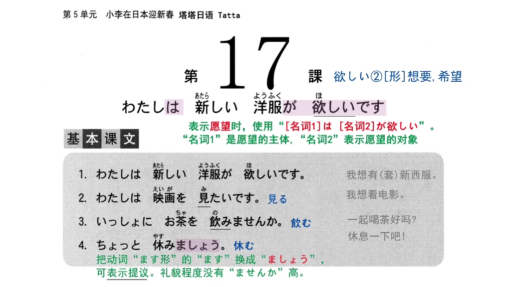 206页|新标准日本语初级上册第17课 基本课文 用日语表达愿望