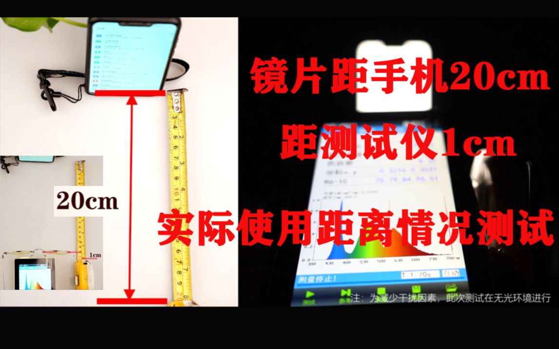 [图]实测：距手机20cm，距测试仪1cm，模拟实际使用距离的情况下，测试两种类型的防蓝光产品的效果